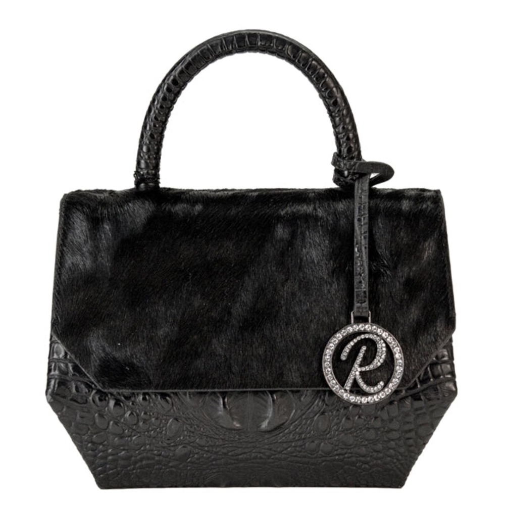 Raviani‎ Designer Top Handle Bag Black Furry Leather Alligator Embossed Purse